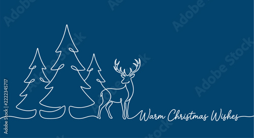 Warm Christmas Wishes Line Art Banner with Fir Trees and Elegant Deer, Blue Winter Forest Background with Copy Space