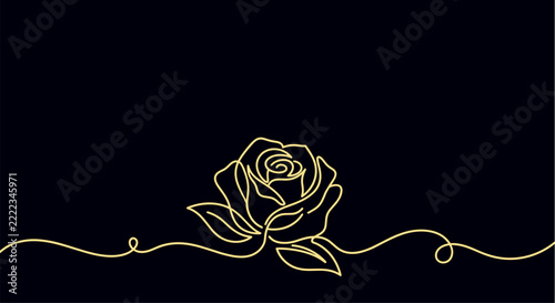 Continuous line art rose flower, luxury gold floral banner on black background, elegant blooming rose outline for cosmetics packaging, wedding invitation and beauty logo design