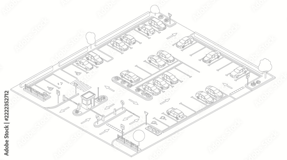 Fototapeta premium Isometric illustration of a parking lot with cars and trees, showing a clear layout and design.