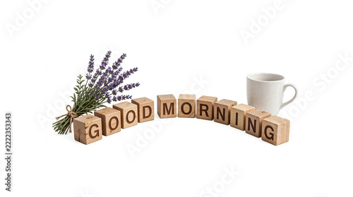 Good Morning Blocks In Curved Arrangement With Coffee And Lavender White Back
