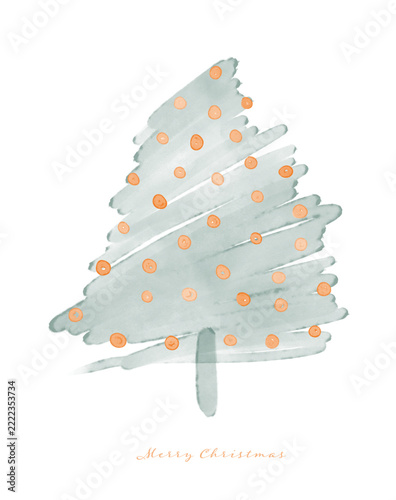 Hand-Drawn Watercolor Christmas Tree Vector Card with Baubles. Christmas tree illustration decorated with orange baubles, isolated on a white background. All elements on editable separate layers.