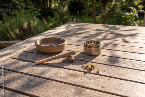 A pre-rolled cannabis joint next to a metal grinder and a ceramic ashtray on a weathered wooden table in a sunlit garden, ready for relaxation.
