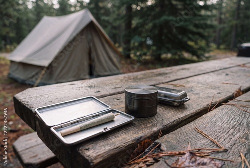 Pre-rolled cannabis joint and a metal grinder on a weathered wooden picnic table at a peaceful forest campsite, with a tent in the blurred background.