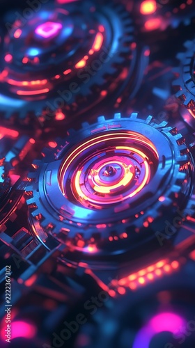 Vibrant abstract swirls with concentric rings, neon colors, and blurred light streaks