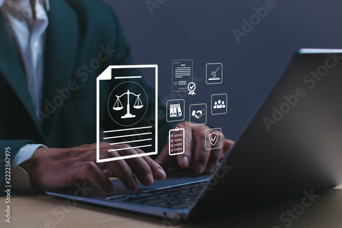 businessman demonstrates compliance with legal requirements through a virtual interface, concepts of governance, risk management, audit processes, regulations and corporate policy control