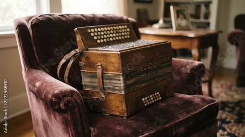 Vintage accordion resting on an antique velvet armchair in a cozy home setting.