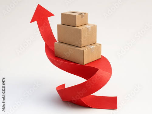 Cardboard boxes on a conveyor belt against a clean background. Logistics and delivery.