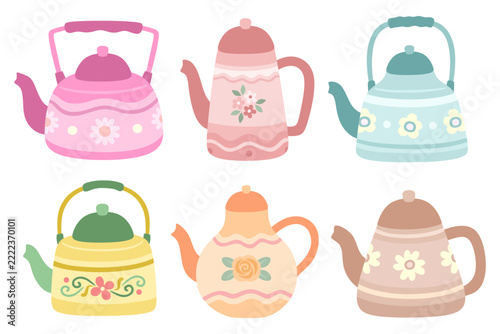 Colorful Vintage Tea Kettle Collection with Pastel Floral Patterns and Decorative Stripes 