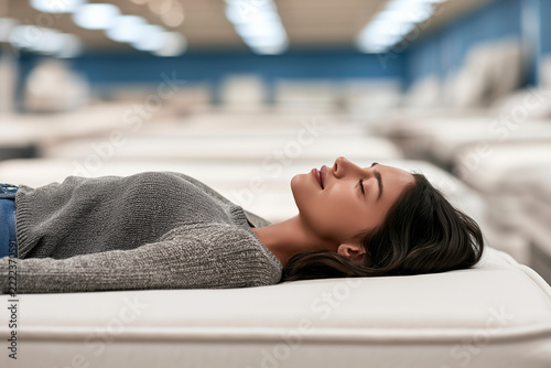 Woman Lying On Mattress In Showroom
