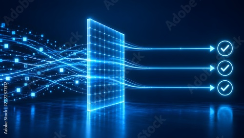 Digital Data Stream Passing Through Glowing Security Firewall for Validation and Compliance
