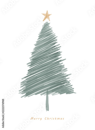 Hand-Drawn Scribble Christmas Tree Vector Card with Gold Star. Modern sketched winter holiday card. All graphic elements are on editable separate layers.