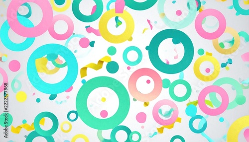 Pastel green and pink 3D circles with confetti background.