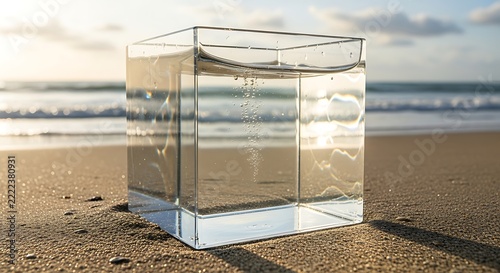 Conceptual Representation of Pure Water Inside a Glass Cube on Beach
