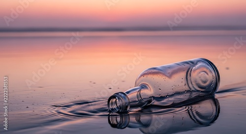 Empty Glass Bottle Lying on Wet Sandy Beach at Sunset with Beautiful Reflection