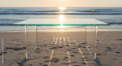 Modern Glass Table Placed on Sandy Beach During a Golden Sunset Horizon