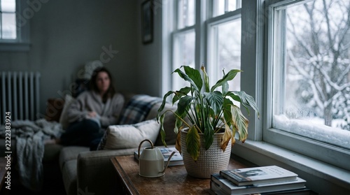 Wilting peace lily indoor plant with yellowing leaves sitting on a wooden table beside a watering can and frosty window, with a blurred person resting on a couch.