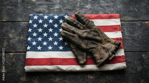 Pair of black work gloves placed on a folded american flag on a dark wooden table background