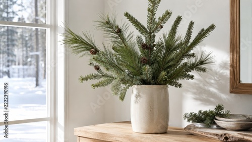 Fresh evergreen branches with pine cones in a ceramic vase beside a snowy window in a cozy home
