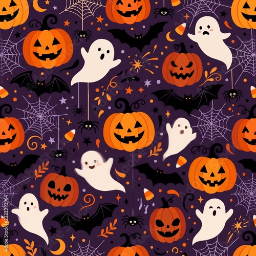 Vector seamless pattern featuring spooky Halloween jack-o'-lantern pumpkins, floating ghosts, bats, and cobwebs on a dark purple background