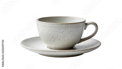 Fotografie Speckled ceramic teacup and saucer rustic stoneware design, isolated on transpar