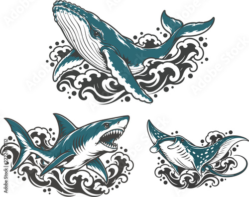 Carnivorous Fish Japanese Tattoo Vector Illustration