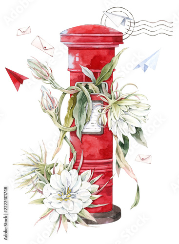 Red British Post Box with Flowers and Flying Letters Watercolor Illustration