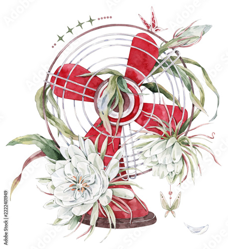 Red Electric Fan Decorated with White Flowers and Butterflies Watercolor Illustration