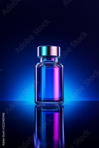 NAD+ serum vial with metal cap glowing in blue and pink neon light on reflective surface.