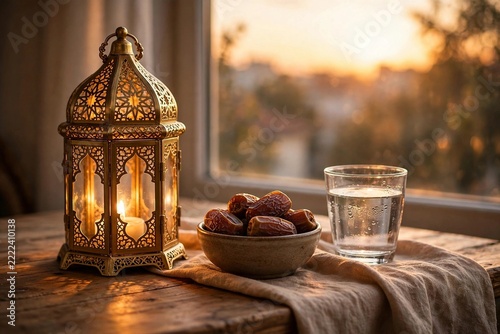 Golden ramadan lantern with dates and water glass on table at sunset for iftar