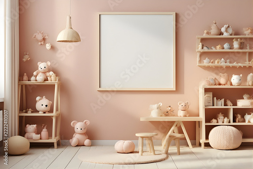 Cozy nursery room mockup with a square blank frame on a soft pink wall and wooden toys.