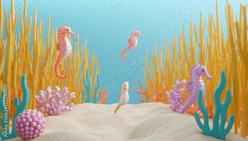 Cute Cartoon Seahorses and Coral Reef Underwater Scene with Bright Colors