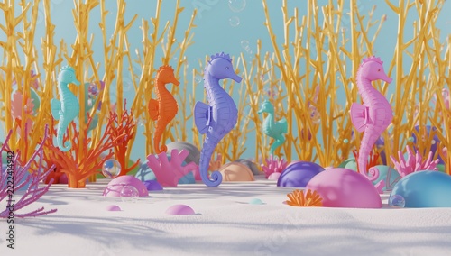Colorful Cartoon Seahorses and Coral Reefs Underwater Fantasy Scene