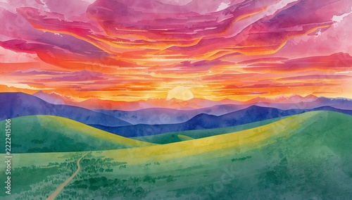 Vibrant watercolor landscape of sunrise over rolling green hills and distant mountains