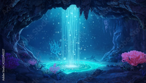 Mystical Underwater Cave Scene with Light Rays and Coral Reef