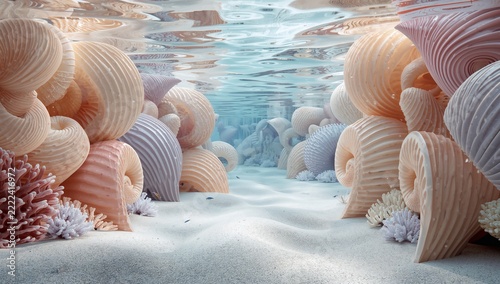 Underwater Reef Landscape with Coral and Seashells in Shallow Water