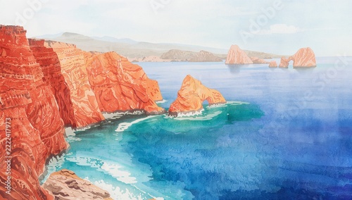 Vibrant Red Coastal Cliffs and Blue Ocean Water Under Cloudy Sky