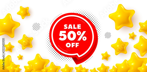 Sale 50 percent winner banner with 3d stars. Golden stars banner. Sale 50 percent off sticker. Discount banner shape. Coupon bubble icon. Review rate background. Vector