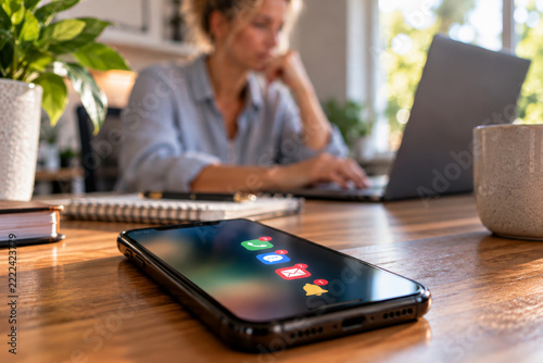 Smartphone with colorful apps on a wooden desk