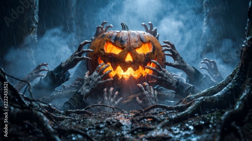 Scary glowing pumpkin head surrounded by zombie hands emerging from soil