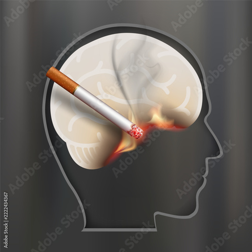 Human brain made of paper burning from a cigarette. Vector illustration.
