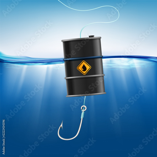 Barrel of crude oil floats with a fishing hook as bait. Vector illustration.