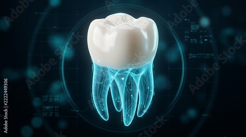 3D tooth anatomy with glowing blue hologram for dental science.