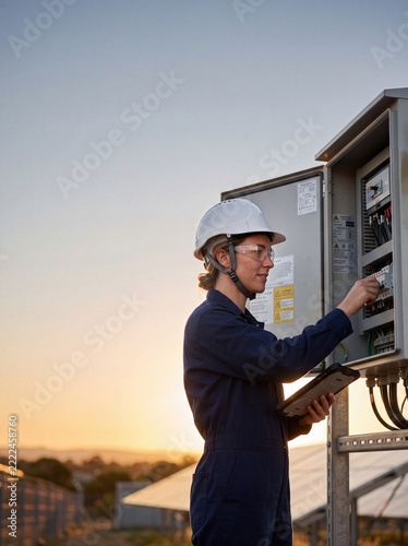 Technician Checking Solar Power Equipment Outdoors