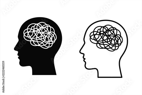 Mental Confusion And Stress Icon Set - Tangled Brain In Head Vector