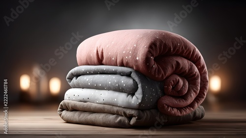 A warm and inviting stack of plush layered comforter bedding with a soft textured fabric in neutral earthy tones creating a cozy and restful atmosphere