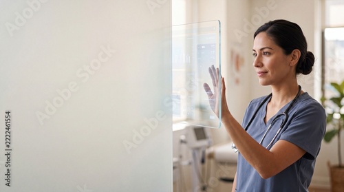 Female Doctor Interacting with Transparent Digital Screen
