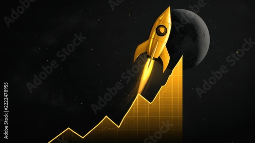 Golden rocket launching upward from rising graph line with dark moon in background symbolizing growth rise success