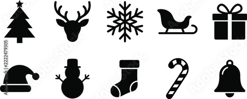 Vector icons in black silhouette style depict various Christmas motifs on a white background.