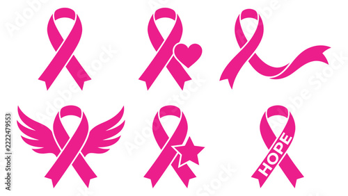 A collection of different pink ribbon symbols