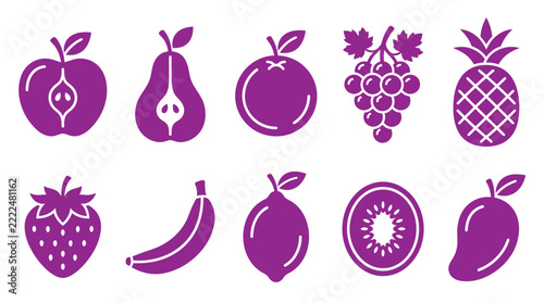 Set of purple fruit silhouettes including apple, pear, orange, grapes, pineapple, strawberry, banana, lemon, kiwi, and mango icons